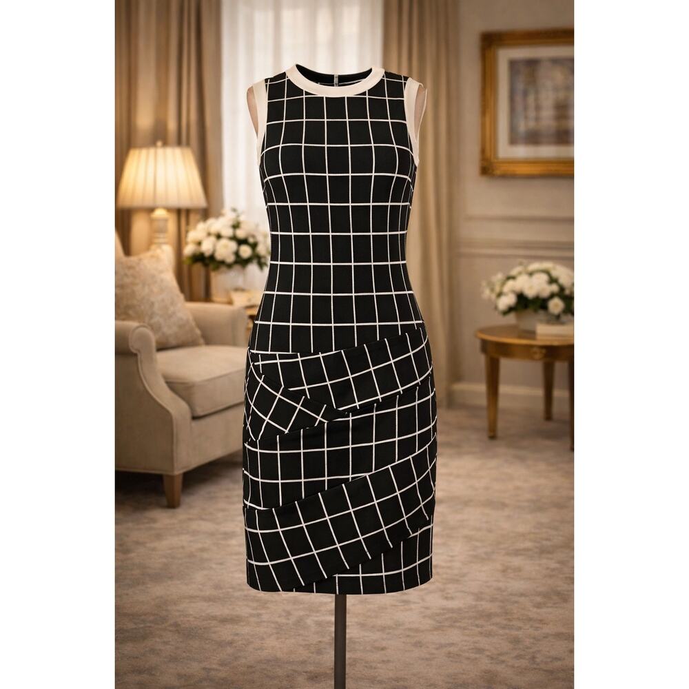 Karen Millen Black White Plaid Dress Sleeveless Stretch Zip Fitted 6 Office